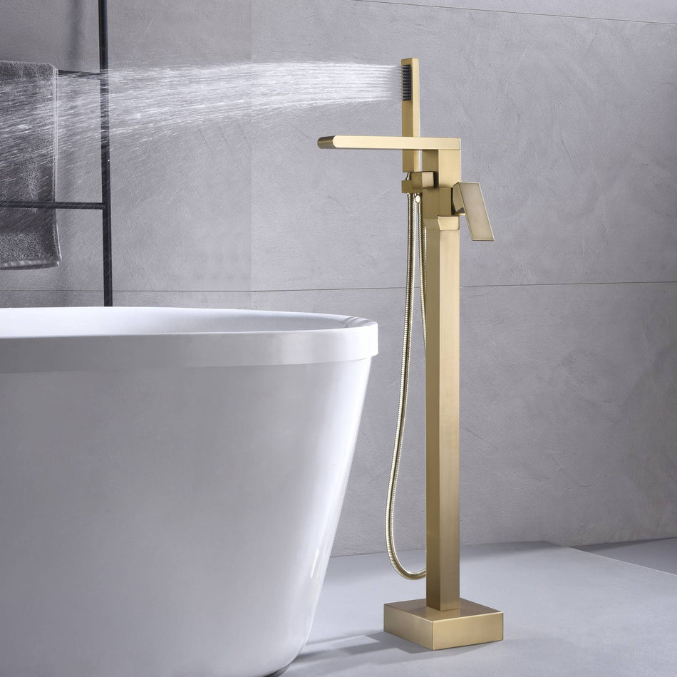 Waterfall Brushed Gold Finish Pressure Balance Single Handle Floor Mount Freestanding Tub Filler Faucet with Hand Shower