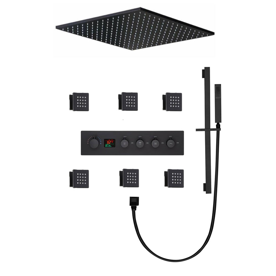 20inch LED Rainfall matte black 4 way digital thermostatic shower faucet with sliding bar and 4inch body jets