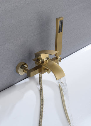 Waterfall Wall-mount Bath Tub Filler Faucet with Handheld Shower Brushed Gold