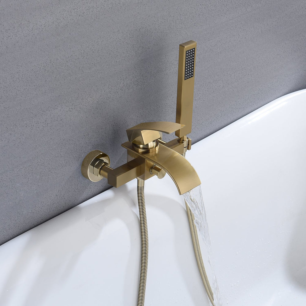 
                  
                    Waterfall Wall-mount Bath Tub Filler Faucet with Handheld Shower Brushed Gold
                  
                
