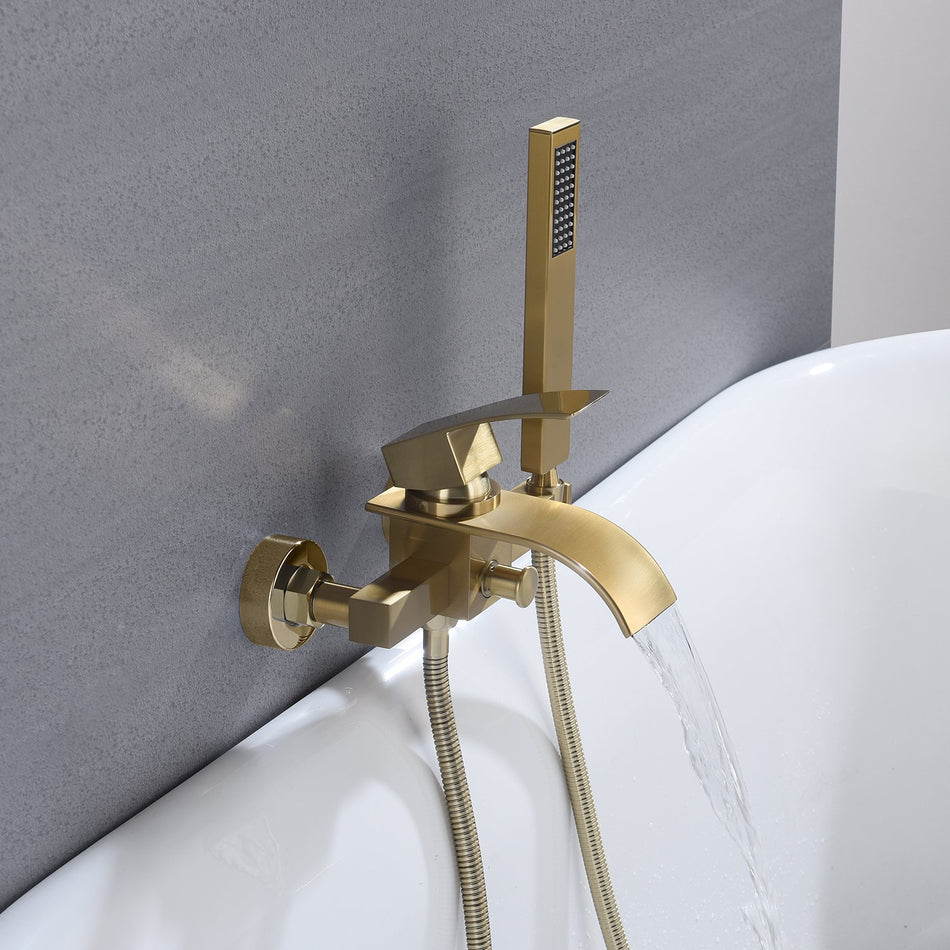 Waterfall Wall-mount Bath Tub Filler Faucet with Handheld Shower Brushed Gold