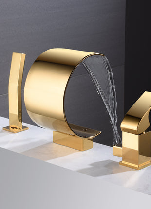 Polished gold Bathtub Faucet Waterfall Mixer Faucet with Hand Shower Deck Mount