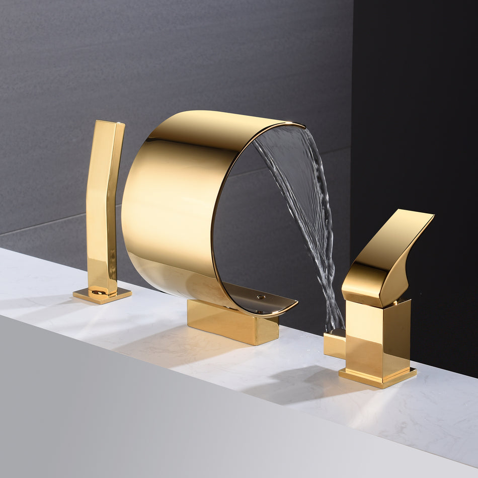 Polished gold Bathtub Faucet Waterfall Mixer Faucet with Hand Shower Deck Mount