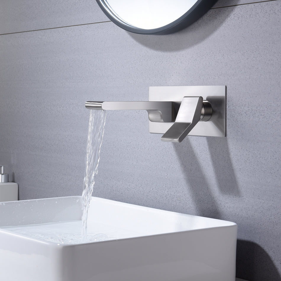 Brushed nickel waterfall wall mount Single handle bathroom sink faucet with overflow brass pop up drain