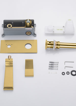 Brushed Gold waterfall Wall mount single handles bathroom sink faucet with brass pop up overflow drain
