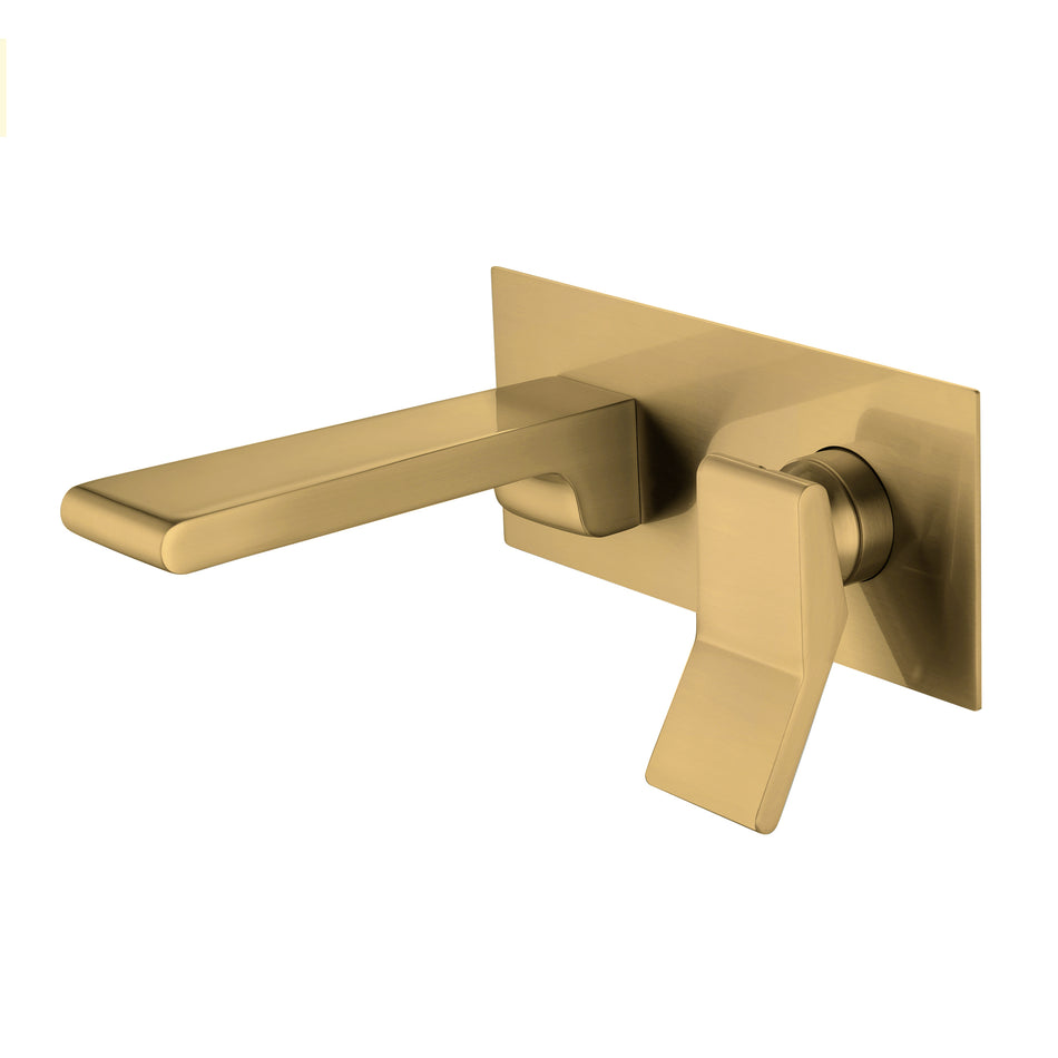 Brushed Gold waterfall Wall mount single handles bathroom sink faucet with brass pop up overflow drain