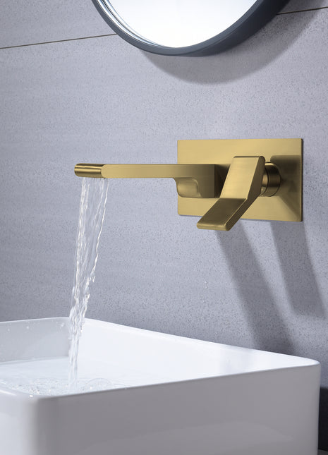 Brushed Gold waterfall Wall mount single handles bathroom sink faucet with brass pop up overflow drain