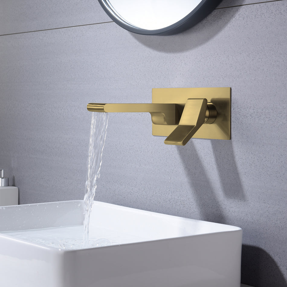 Brushed Gold waterfall Wall mount single handles bathroom sink faucet with brass pop up overflow drain