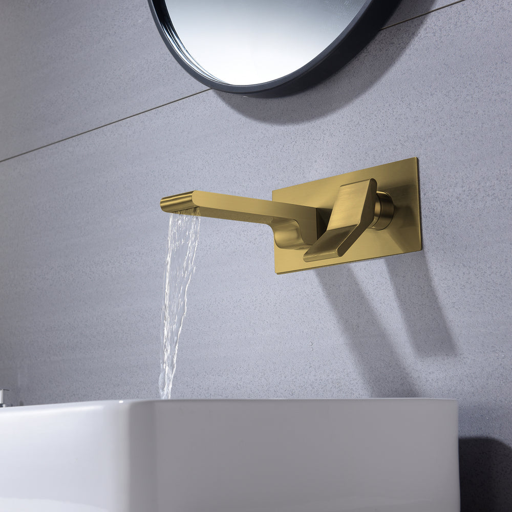 
                  
                    Brushed Gold waterfall Wall mount single handles bathroom sink faucet with brass pop up overflow drain
                  
                
