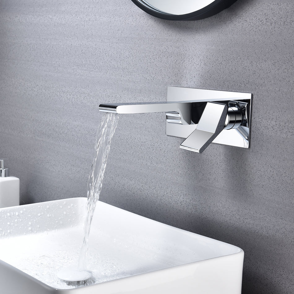 Chrome waterfall Wall mount Single handles bathroom sink faucet with brass pop up overflow drain