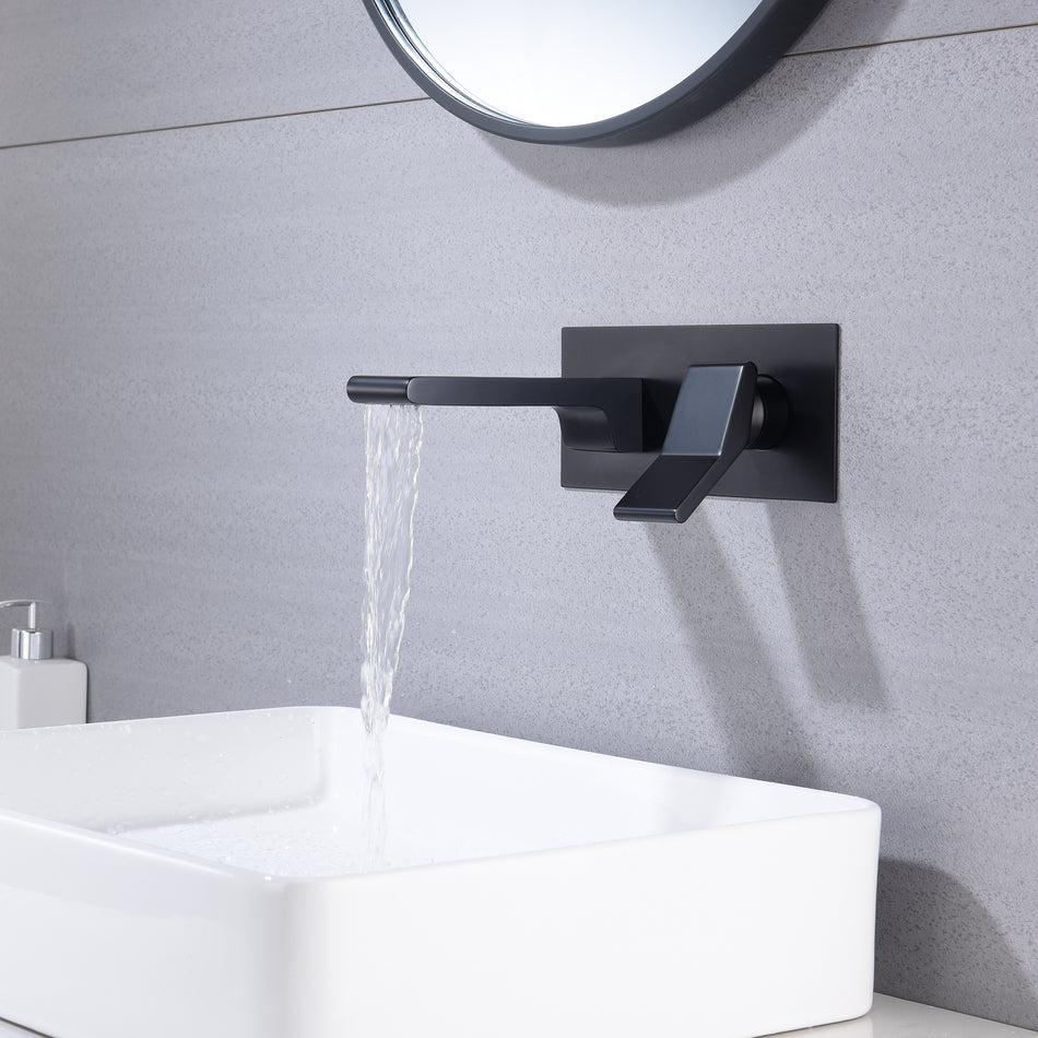 matte black waterfall wall mount single handle bathroom sink faucet with overflow brass pop up drain