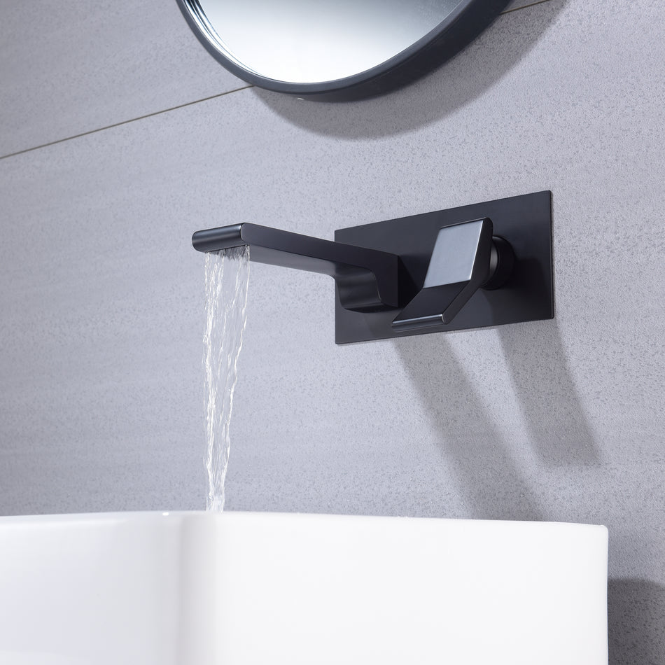 matte black waterfall wall mount single handle bathroom sink faucet with overflow brass pop up drain