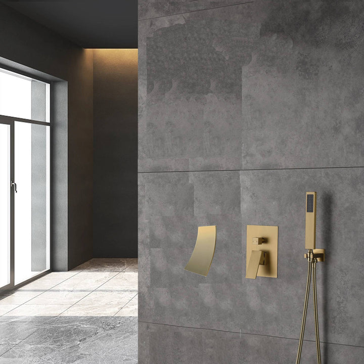 Waterfall Wall-mount Pressure balance Bath Tub Filler Faucet with Handheld Shower Brushed Gold