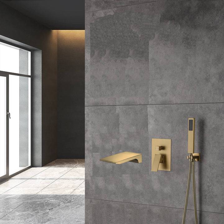 Waterfall Wall-mount Pressure balance Bath Tub Filler Faucet with Handheld Shower Brushed Gold