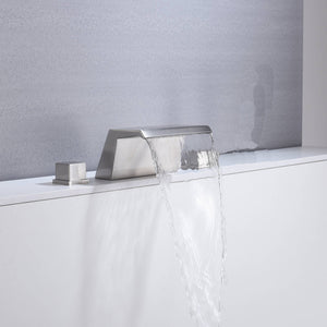 
                  
                    Brushed nickel waterfall tub faucet with hot and cold mixer.
                  
                