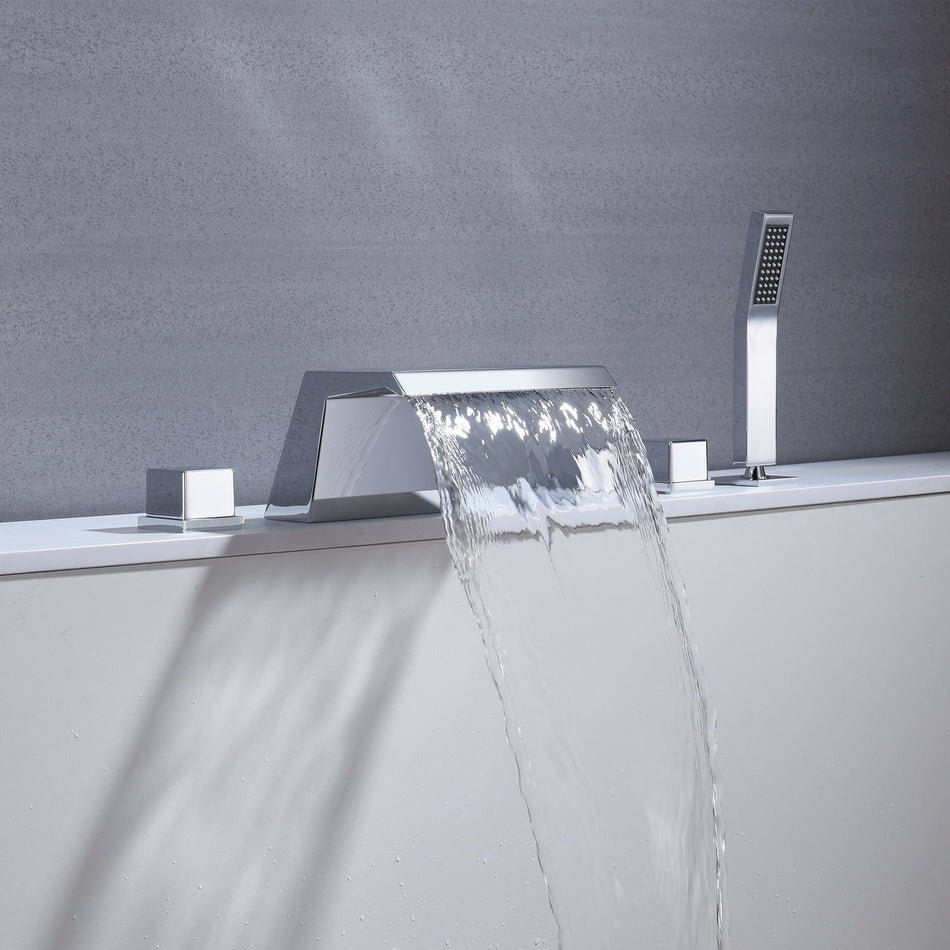 Waterfall Tub Filler Bathtub Faucet Chrome 5-Hole 3-Handle Solid Brass Bathroom Bath Tub Faucets Mixer Tap with Hand Shower