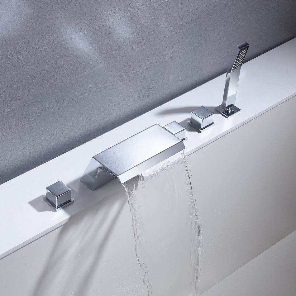 Waterfall Tub Filler Bathtub Faucet Chrome 5-Hole 3-Handle Solid Brass Bathroom Bath Tub Faucets Mixer Tap with Hand Shower