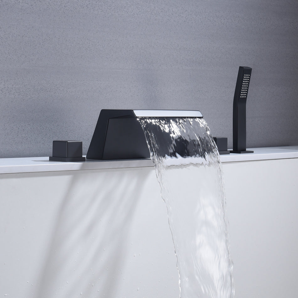 Waterfall Tub Filler Bathtub Faucet Matte Black 5-Hole 3-Handle Solid Brass Bathroom Bath Tub Faucets Mixer Tap with Hand Shower