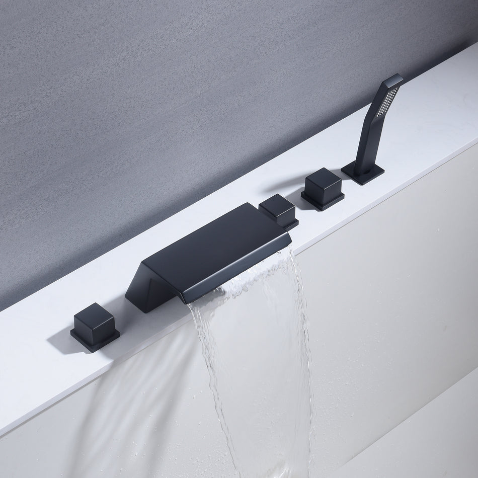 Waterfall Tub Filler Bathtub Faucet Matte Black 5-Hole 3-Handle Solid Brass Bathroom Bath Tub Faucets Mixer Tap with Hand Shower