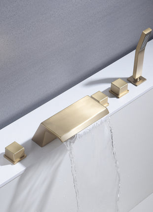 Waterfall Tub Filler Bathtub Faucet Brushed Gold 5-Hole 3-Handle Solid Brass Bathroom Bath Tub Faucets Mixer Tap with Hand Shower