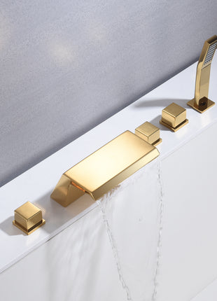 Waterfall Tub Filler Bathtub Faucet Polished Gold 5-Hole 3-Handle Solid Brass Bathroom Bath Tub Faucets Mixer Tap with Hand Shower