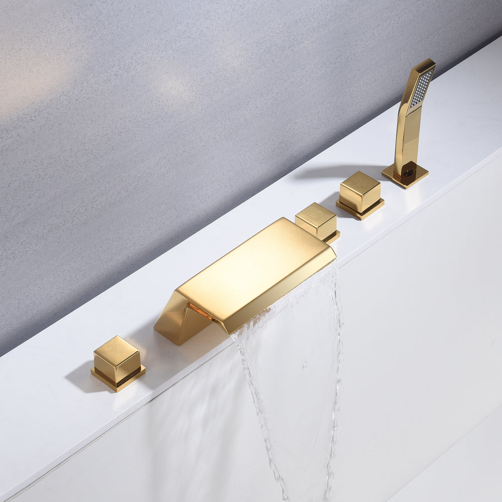 
                  
                    Waterfall Tub Filler Bathtub Faucet Polished Gold 5-Hole 3-Handle Solid Brass Bathroom Bath Tub Faucets Mixer Tap with Hand Shower
                  
                