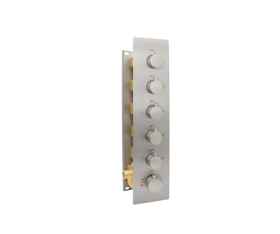5 way thermostatic chrome or brushed nickle Or brushed gold rough in valve with trim