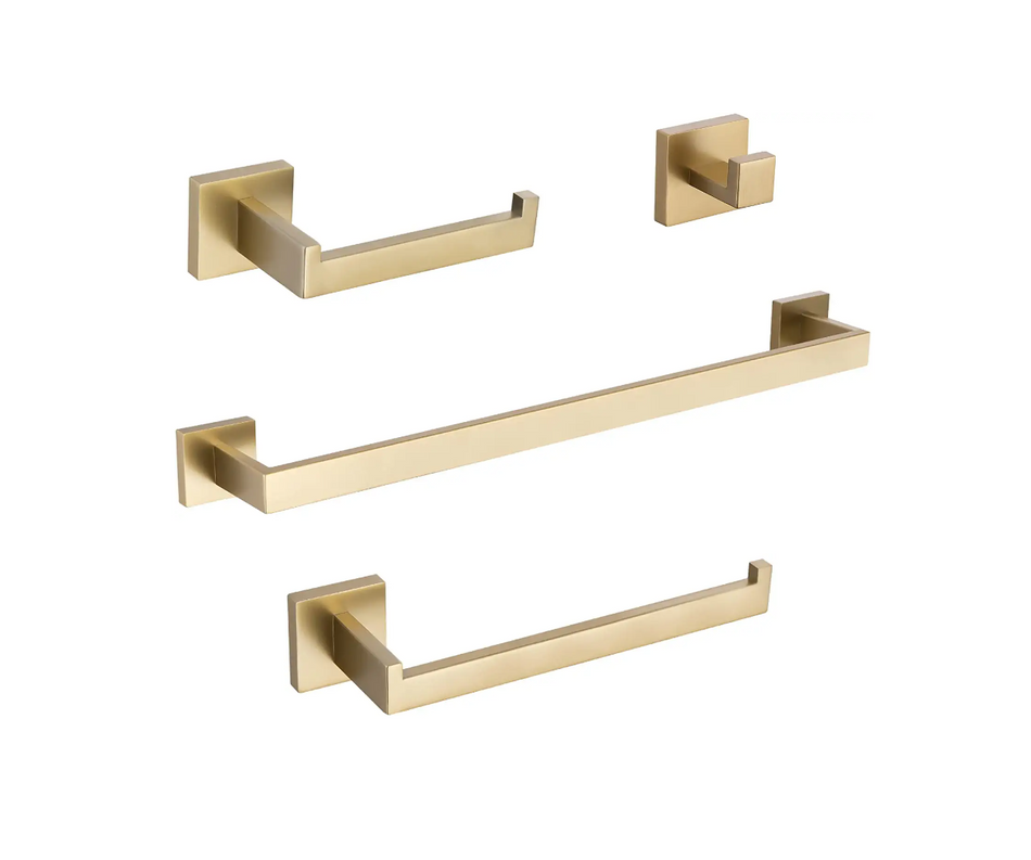 4 pieces square Brushed Gold Bathroom Hardware Set Towel Bar Towel Ring Toilet Paper Holder Robe Hook Tower Holder,Wall Mounted