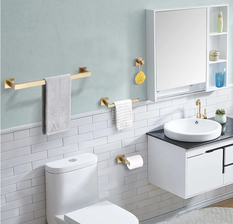 4 pieces square Brushed Gold Bathroom Hardware Set Towel Bar Towel Ring Toilet Paper Holder Robe Hook Tower Holder,Wall Mounted