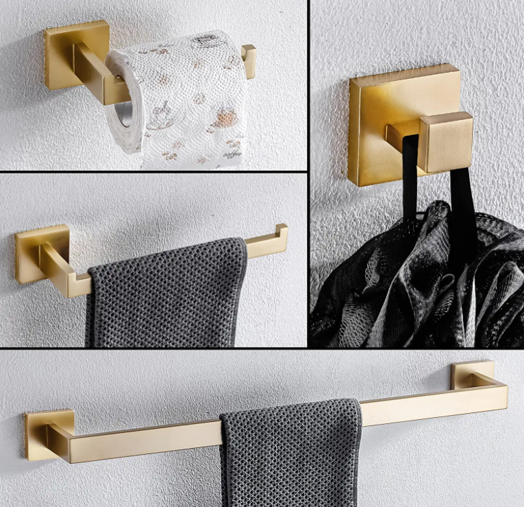 
                  
                    4 pieces square Brushed Gold Bathroom Hardware Set Towel Bar Towel Ring Toilet Paper Holder Robe Hook Tower Holder,Wall Mounted
                  
                