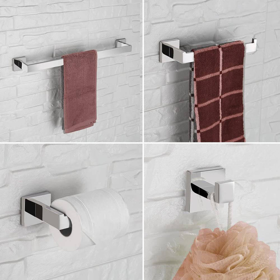 30 inch Square 4-Piece Brass Chrome Bathroom Hardware Set Towel Bar Towel Ring Toilet Paper Holder Robe Hook Tower Holder,Wall Mounted