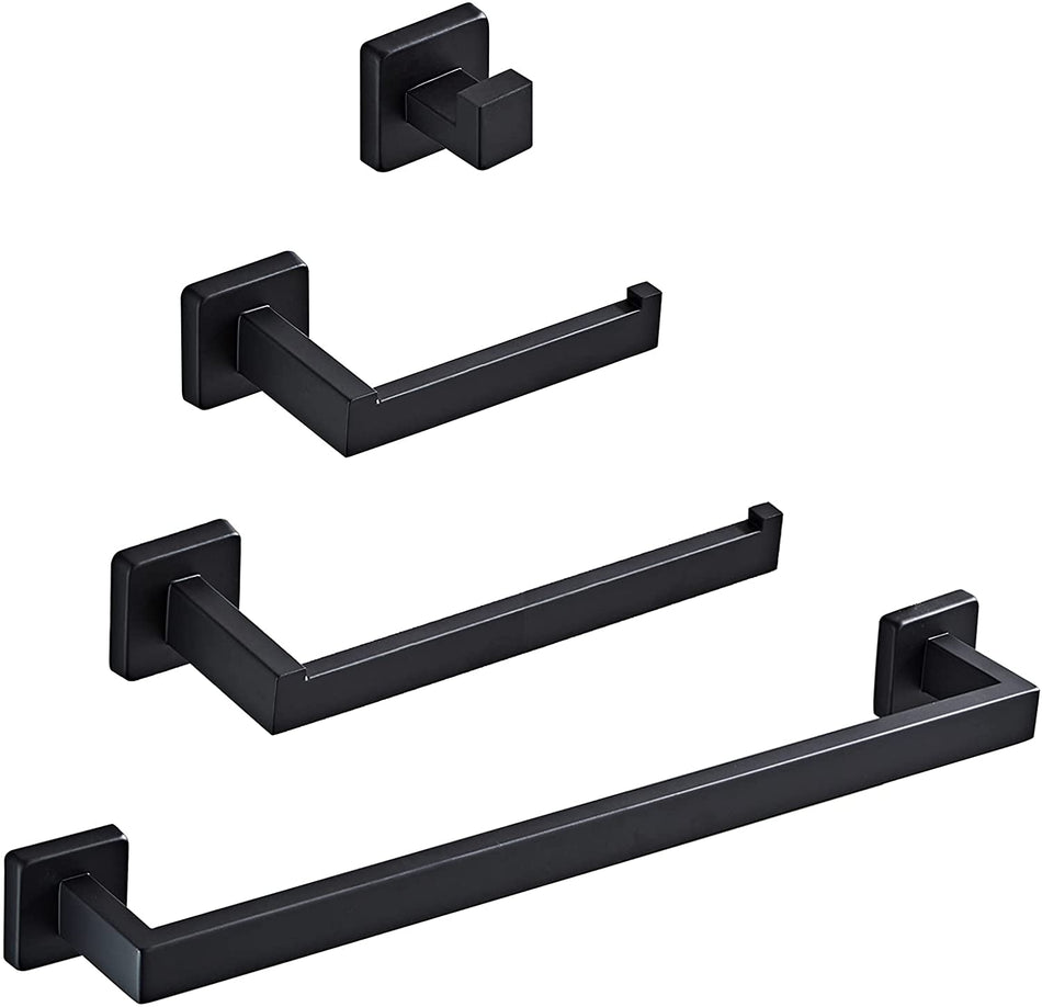 30 inch square 4-Piece Matte black Bathroom Hardware Set Towel Bar Towel Ring Toilet Paper Holder Robe Hook Tower Holder,Wall Mounted
