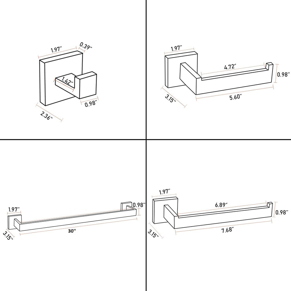 30 inch square 4-Piece  Brushed nickel Bathroom Hardware Set Towel Bar Towel Ring Toilet Paper Holder Robe Hook Tower Holder,Wall Mounted