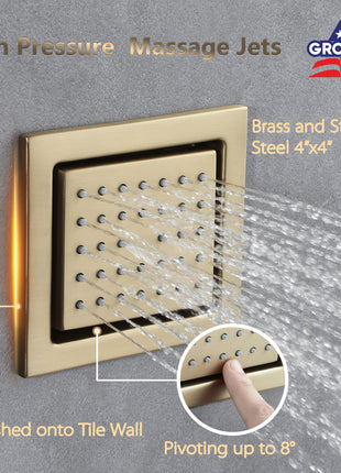 Brushed Gold Music LED Flushed in 31inch shower head 6 way thermostatic valve that each function run all together and separately