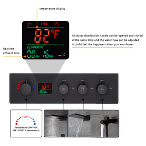 
                  
                    20 inch rainfall mist LED matte black rainfall shower system 4 way digital thermostatic rough in valve with body jets and sliding bar
                  
                