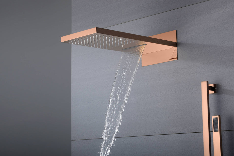 Rose Gold 22 Inch Rainfall Waterfall Shower Head 4 Way Thermostatic Shower Faucet Set with Slide Bar and Body Jets Each Function Work All Together and Separately