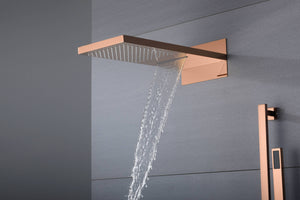 
                  
                    Rose Gold 22 Inch Rainfall Waterfall Shower Head 4 Way Thermostatic Shower Faucet Set with Slide Bar and Body Jets Each Function Work All Together and Separately
                  
                