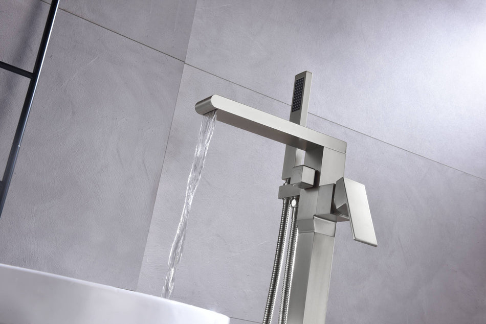 Waterfall Brushed Nickel Waterfall Pressure Balance Floor Mount Freestanding Bathtub Faucet Tub Filler with Handheld Sprayer