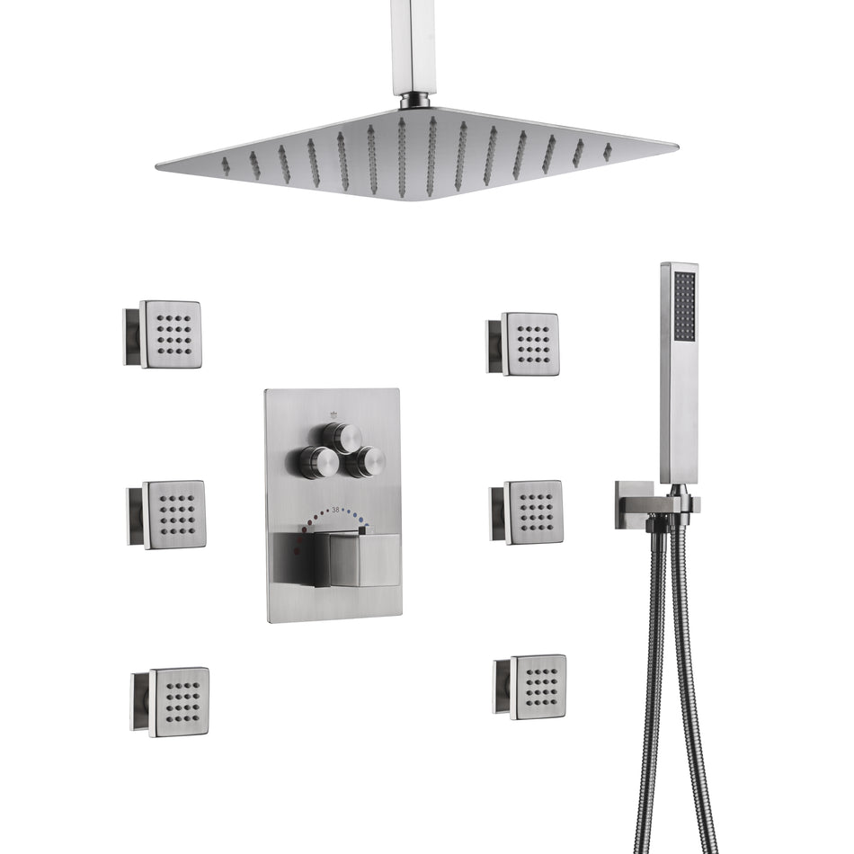 12 INCH or 16 INCH NON LED Brushed Nickel shower systems Ceiling Mount 3 way Thermostatic valve that each function work at the same time and separately
