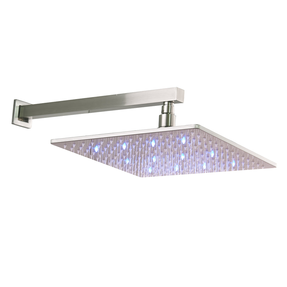 
                  
                    12 inch or 16 inch Brushed Nickel 3 LED color light Rain Shower system with 6 body jets and 3 way Thermostatic valve that each function work all together and separately
                  
                