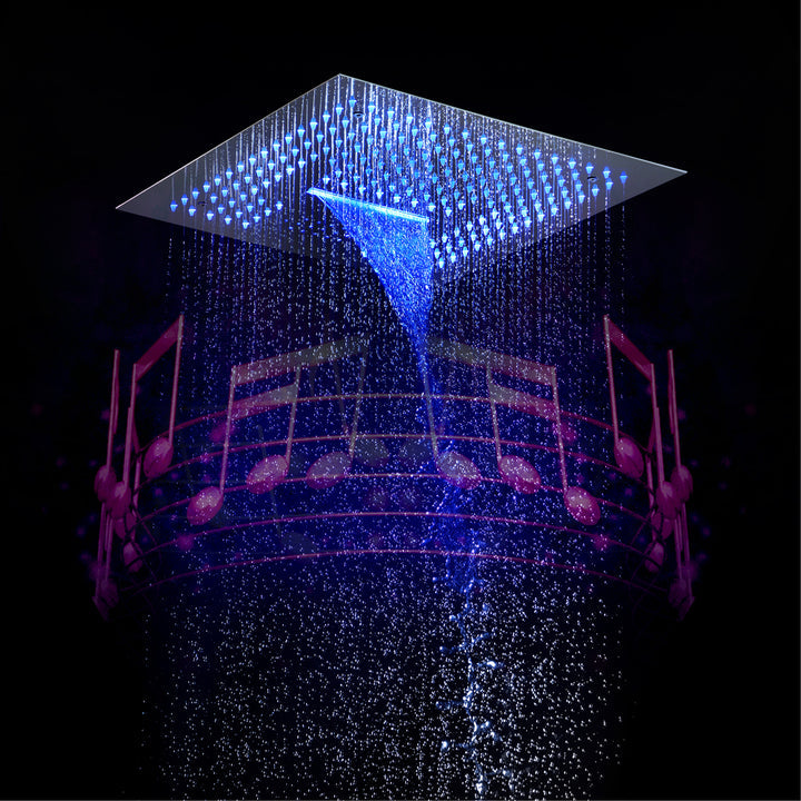 Chrome 16 inch flushed mount rainfall waterfall 64 LED light bluetooth music shower head