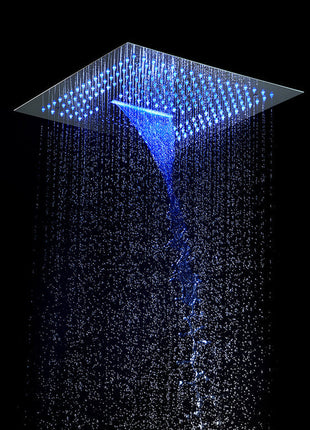 brushed nickel 16 inch flushed mount rainfall waterfall mist 64 LED light bluetooth music shower head