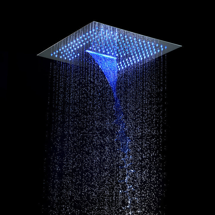 brushed nickel 16 inch flushed mount rainfall waterfall mist 64 LED light bluetooth music shower head