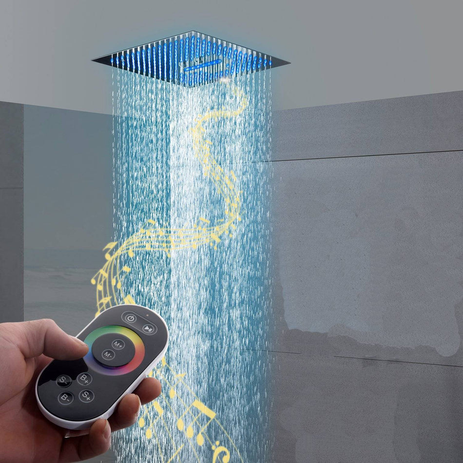 16INCH Brushed nickel 64 LED colors music rainfall waterfall mist 304 stainless shower head flushed ceiling