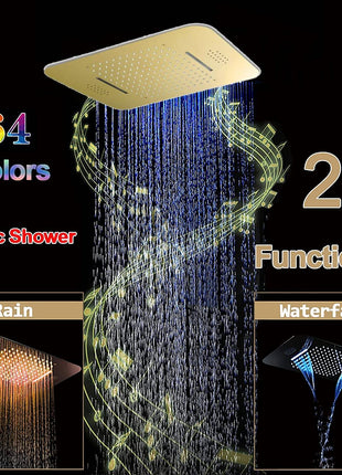 Brushed Gold 64 LED Lights bluetooth music Rainfall Waterfall 23 Inch Shower Head 4 Way Thermostatic Shower System with Body Jets and Slide Bar