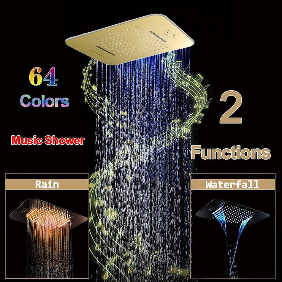 Brushed Gold 64 LED Lights bluetooth music Rainfall Waterfall 23 Inch Shower Head 4 Way Thermostatic Shower System with Body Jets and Slide Bar