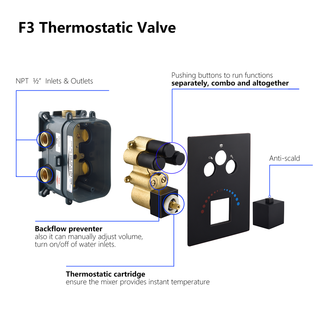 
                  
                    20'' non LED matte Black 3 way thermostatic valve that each function run at the same time and separately
                  
                
