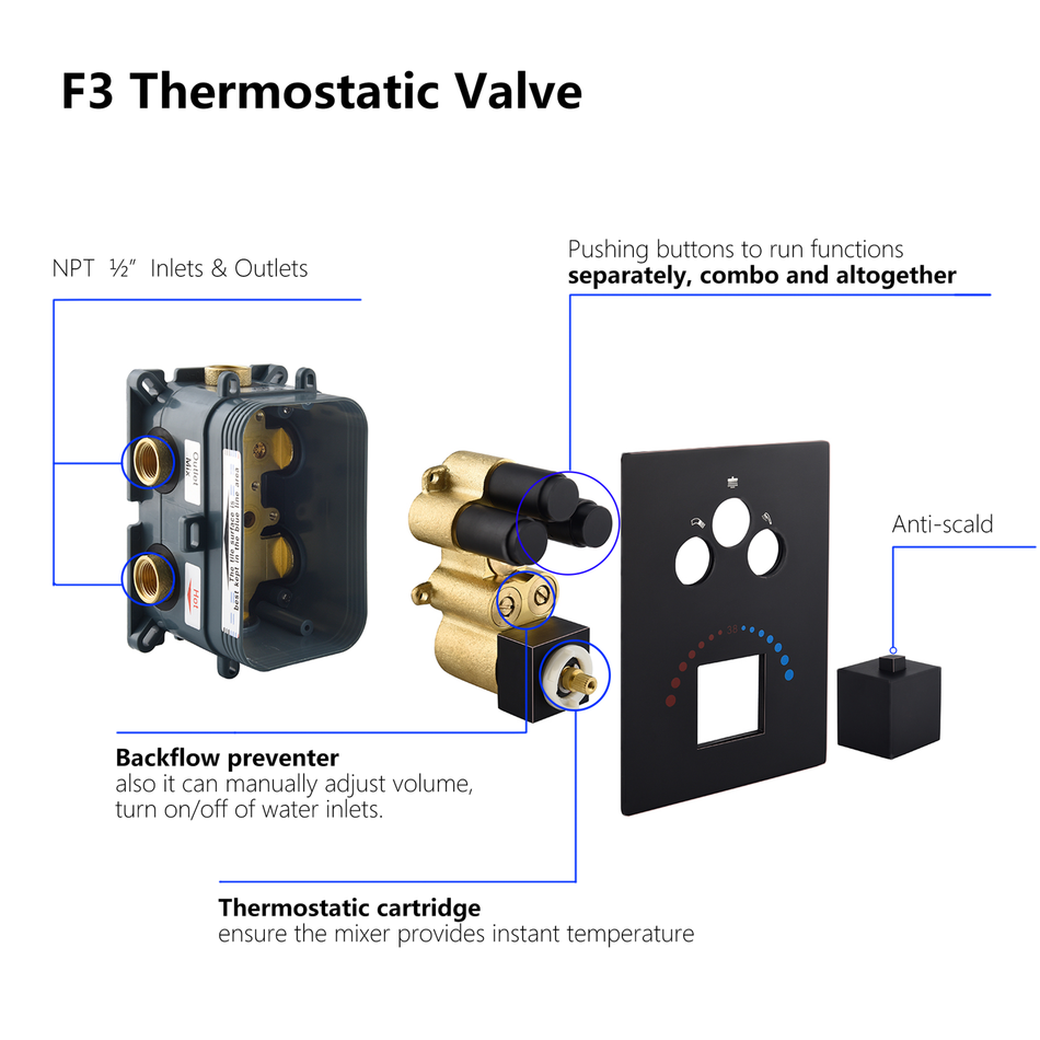 20 inch or 24 inch ceiling mounted  matte Black 3 way thermostatic valve that each function run at the same time and separately