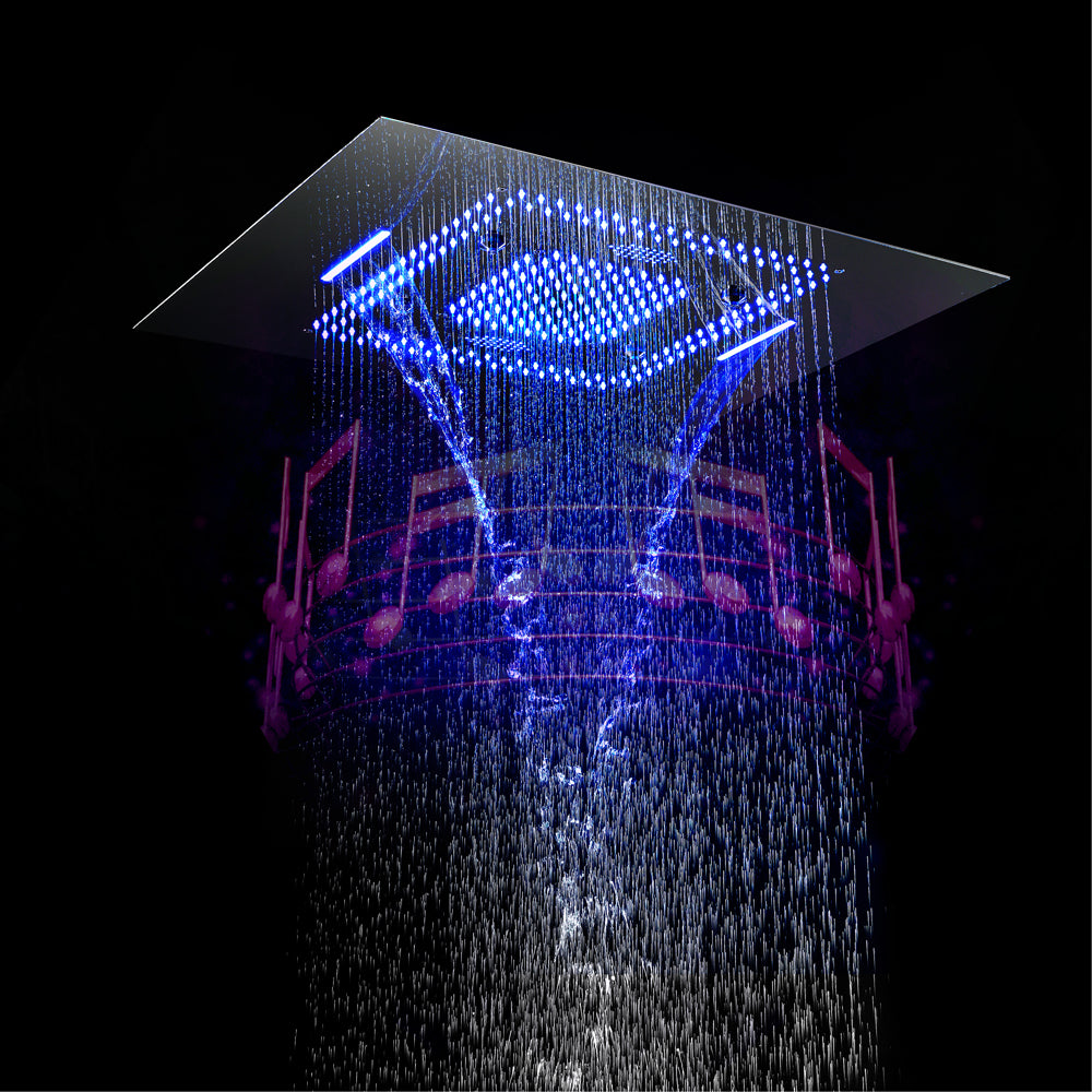 
                  
                    16'' Chrome Flushed in Bluetooth Music Waterfall Rainfall LED Shower Valve Ceiling  Thermostatic Shower Faucet Set with 4 Inch Body Jet
                  
                
