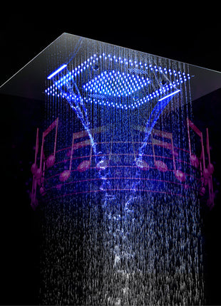 16'' Chrome Flushed in Bluetooth Music Waterfall Rainfall LED Shower Valve Ceiling  Thermostatic Shower Faucet Set with Regular head wall mount